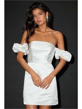 Lulu's White Strapless Satin Mini Dress with Puff Sleeve Accents